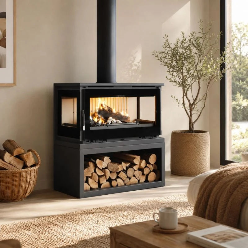 Poêle à Bois Raccordable 3 Vitres avec Bûcher – FIREMATIC Calgary-L 13,5 kW